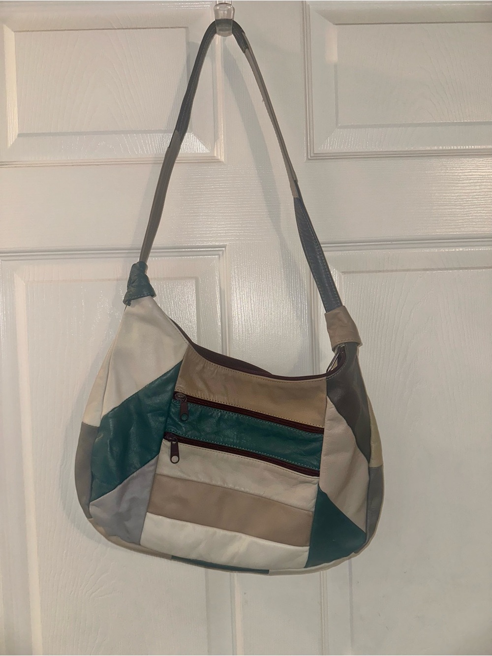 Patchwork Leather Shoulder Bag in Teal, Beige and Cream